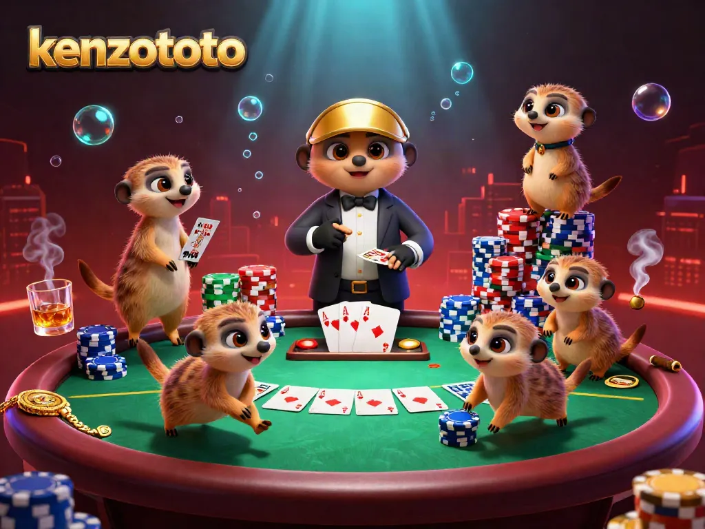 Experience kenzototo's exciting casino vibe with cartoon meerkats running games amidst vibrant poker elements.