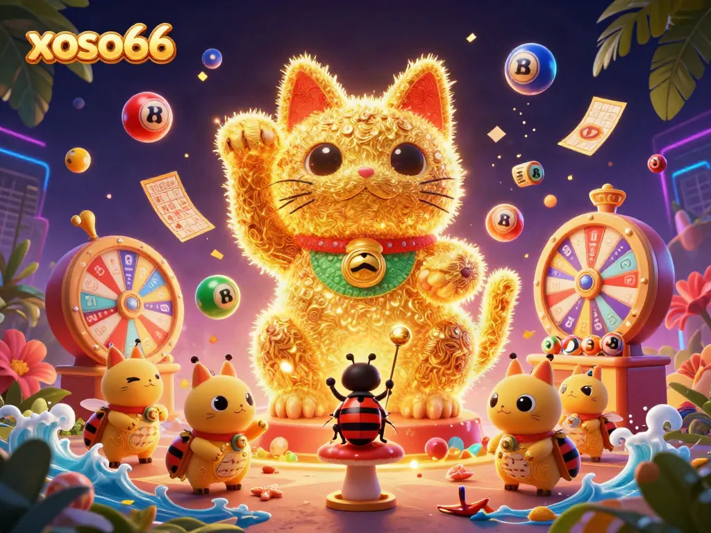 xoso66 showcases a vibrant scene featuring a giant lucky cat and lottery elements for an engaging online gambling experience.