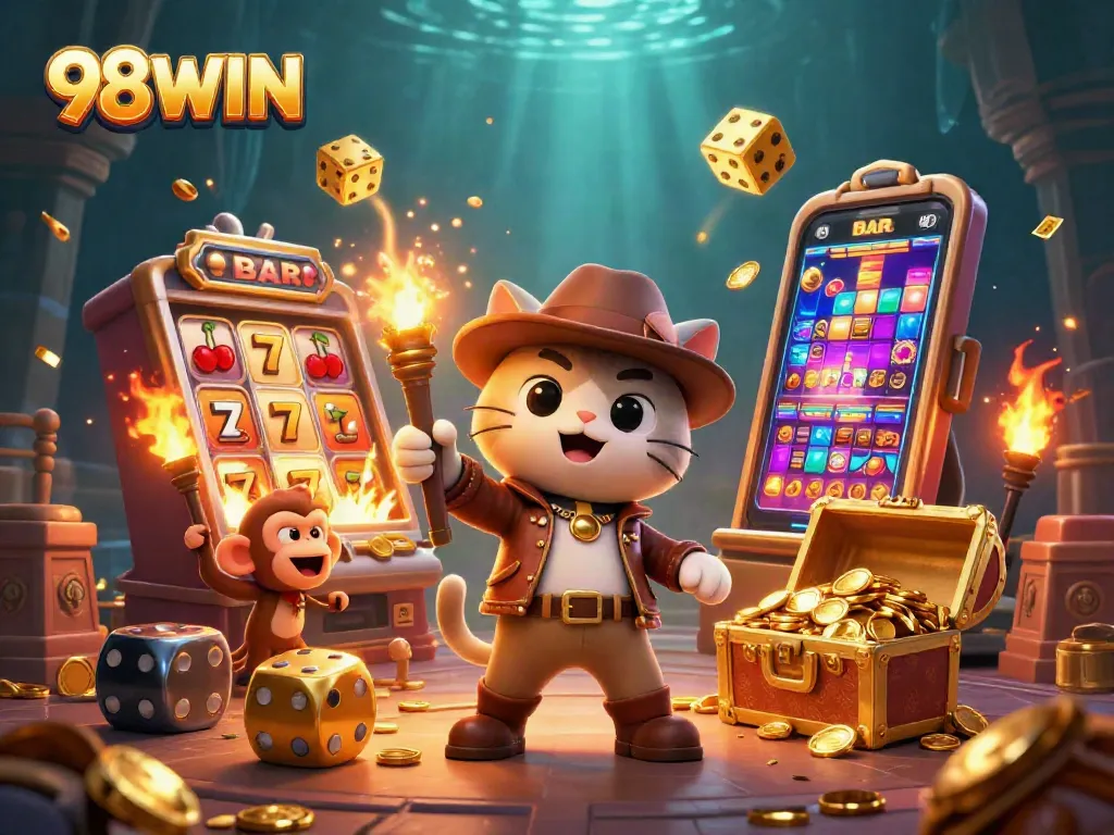 Experience thrilling gameplay with 98WIN and a magical treasure hunt in a lively casino scene.