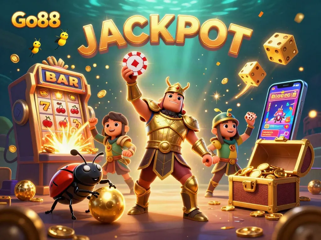 Engage with Go88's vibrant casino world, featuring a victorious beetle champion and exciting jackpot elements.