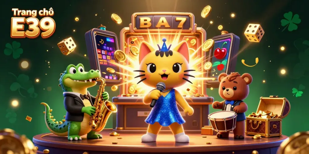 Experience the vibrant world of Trang chủ E39 with lively characters enjoying casino games amidst a jackpot explosion.
