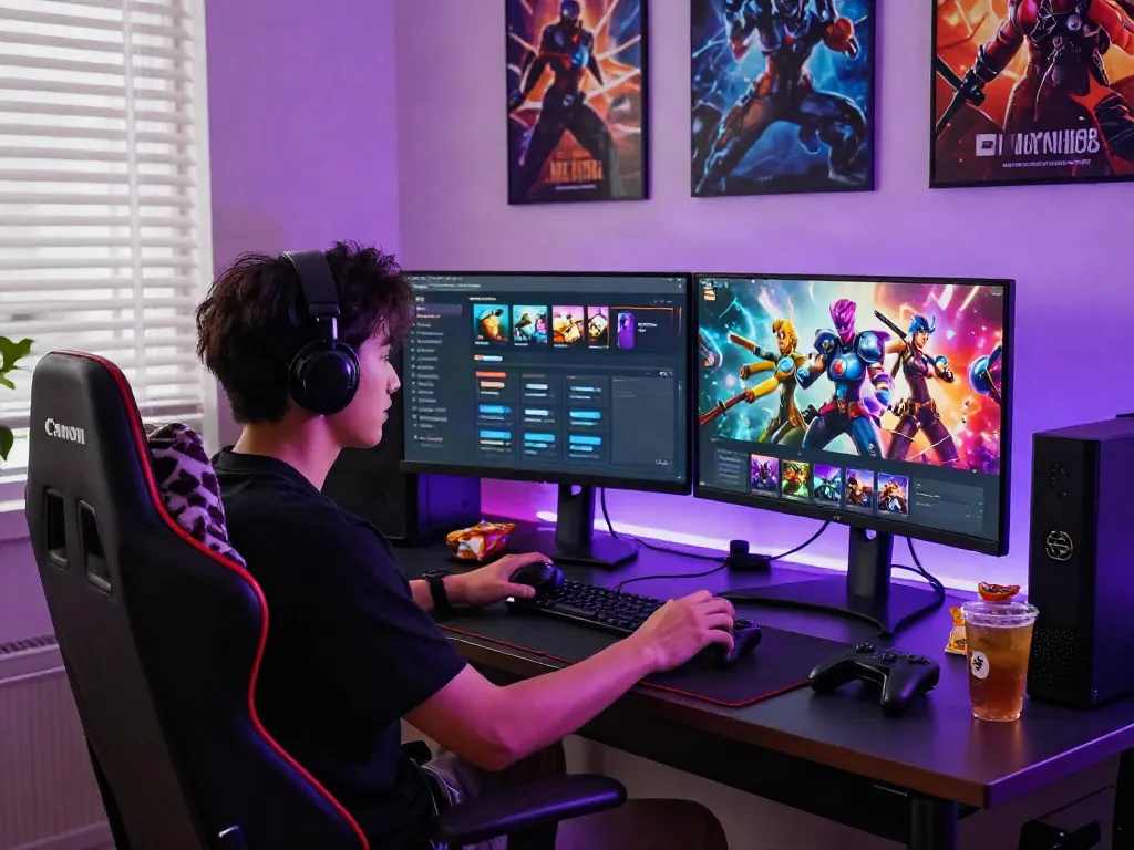 Explore the exciting warung168 digital gaming store with a vibrant gamer setup.