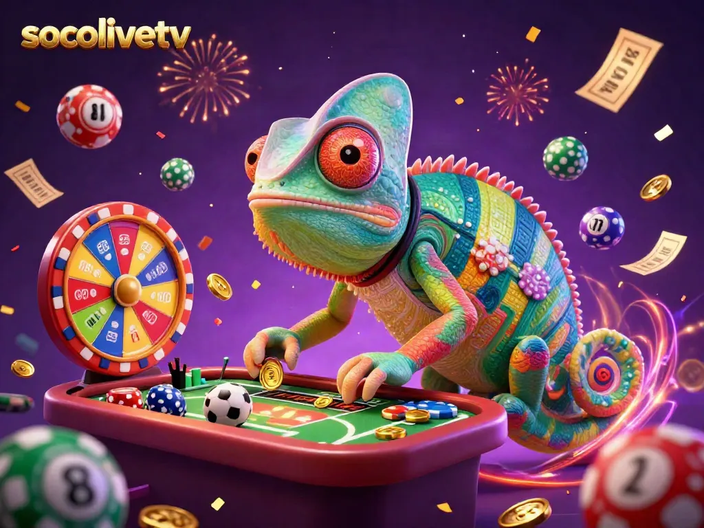 Socolive TV features a vibrant 3D scene of a chameleon casino owner in a dynamic sports betting environment with colorful elements.