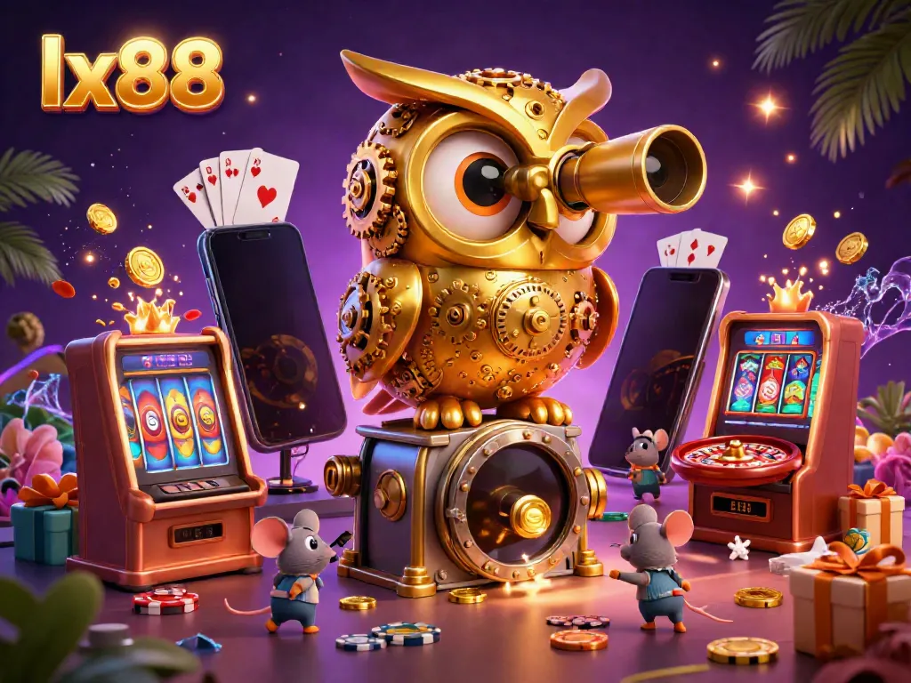 Engage in winning slots action with the lx88 brand as a golden owl surveys a vibrant casino floor.