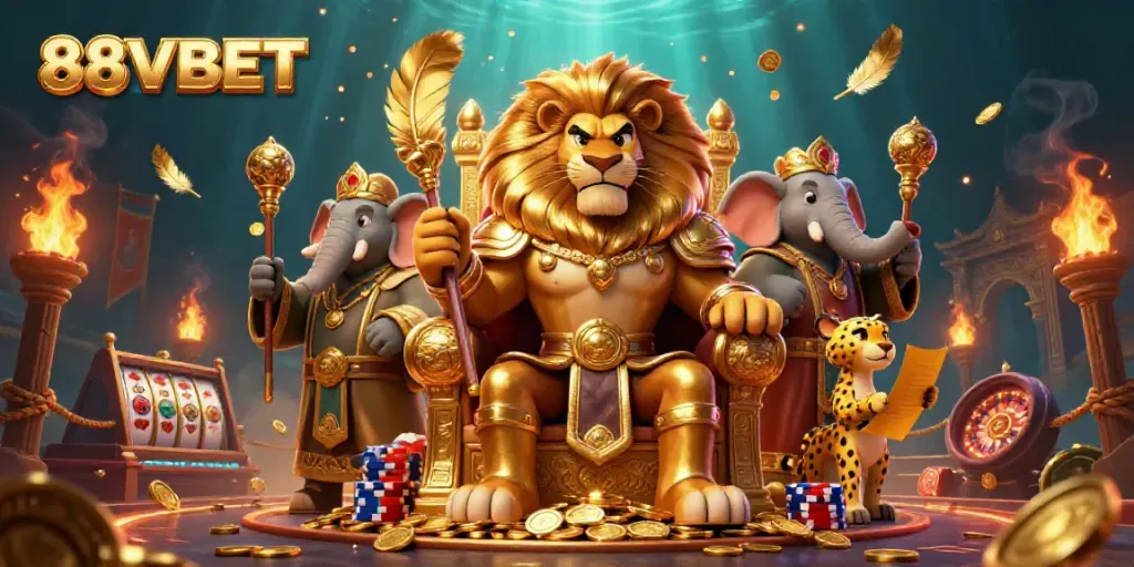 Engage with exciting casino games at 88VBET amidst majestic characters and vibrant casino elements.