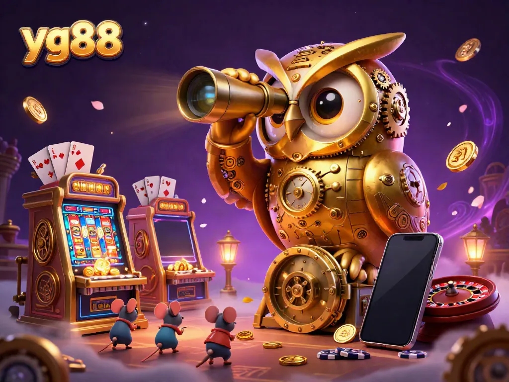 Experience the vibrant yg88 casino scene featuring a massive golden owl overseeing action, with animated game elements.