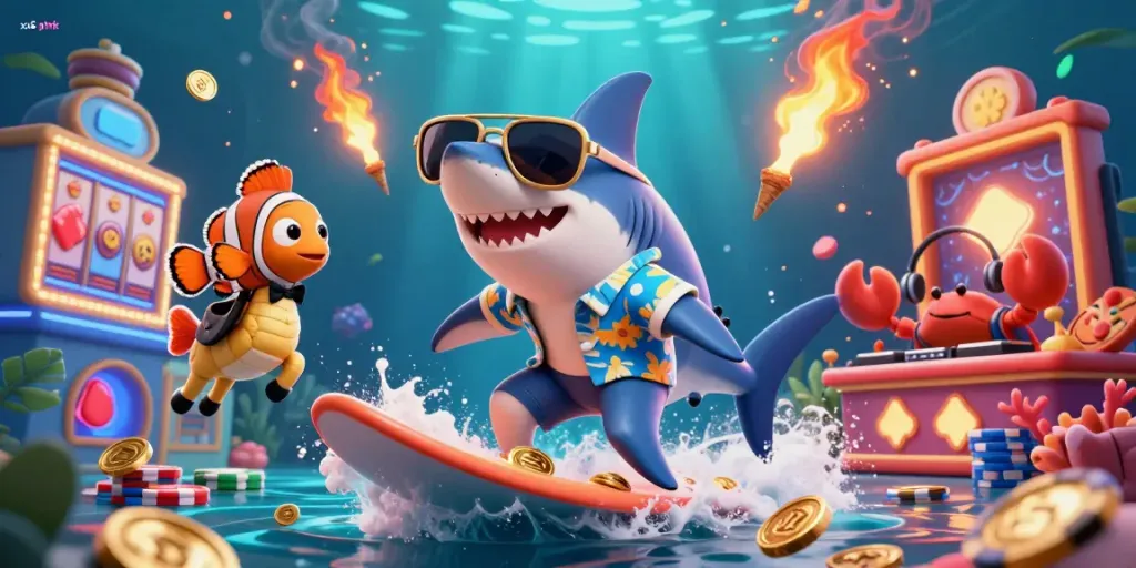 Experience thrilling gaming with the vibrant xx8 pink shark surfing on coins amid exciting casino elements.