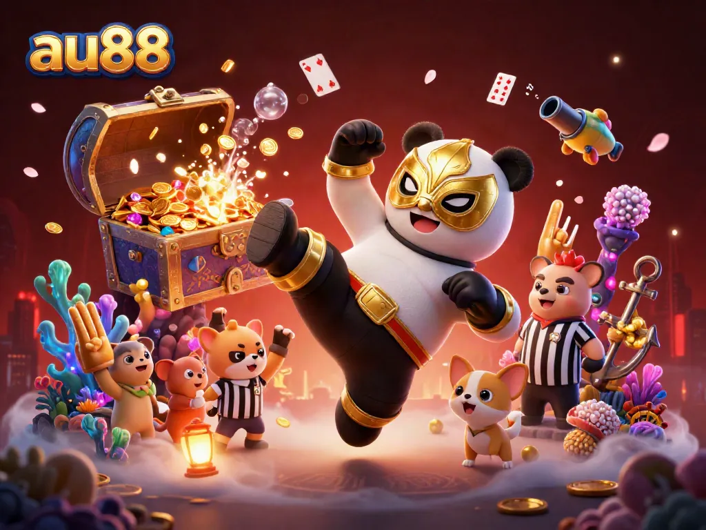 Experience high-energy action at au88 as a panda wrestler kicks off the excitement in a vibrant casino scene.