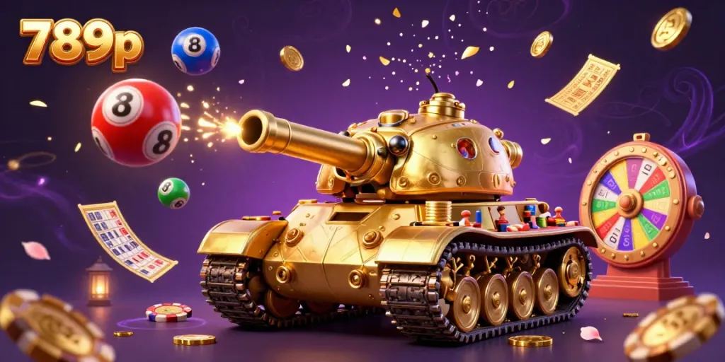 Engage in thrilling gaming action at 789p featuring dynamic lottery balls and a golden casino beetle tank.