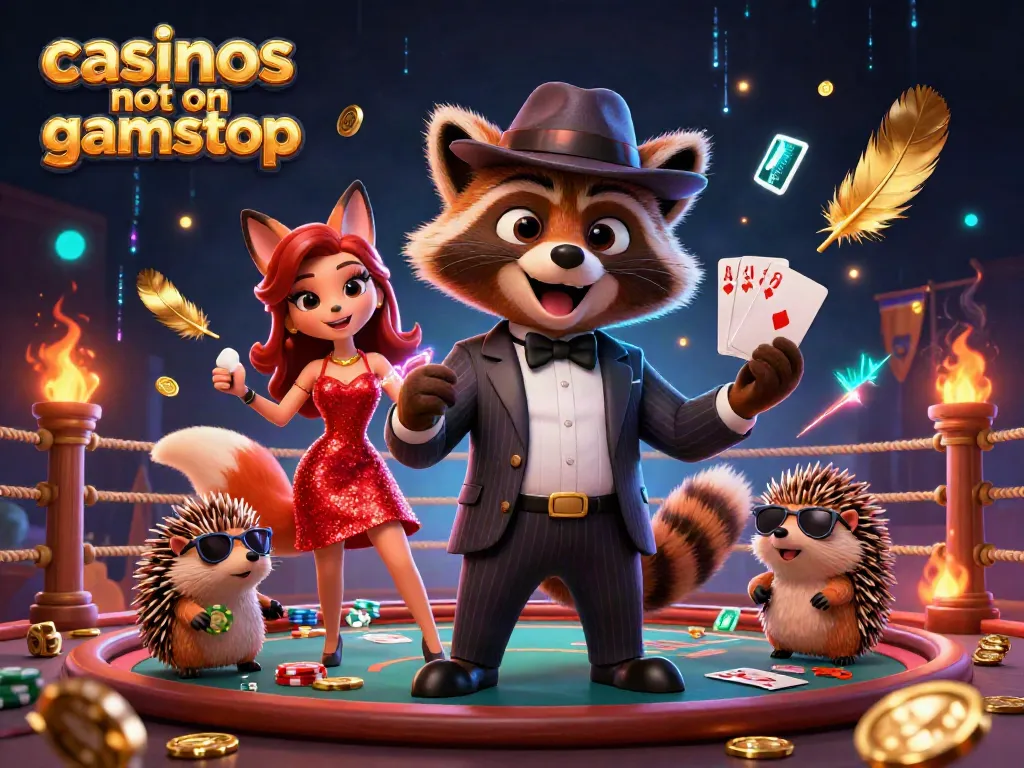 Exciting scene of a suave raccoon and a fox lady enjoying casinos not on GamStop with glowing poker elements.