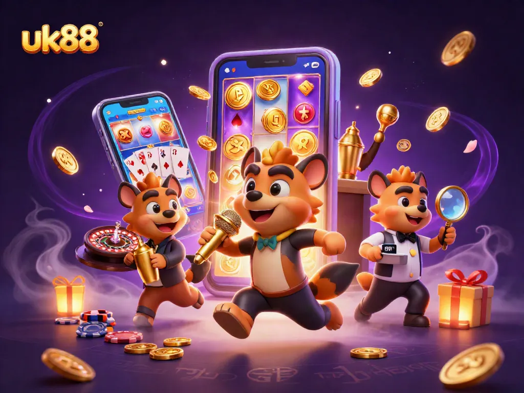 uk88 hyenas bring laughter in a casino scene, featuring slot games and vibrant decor