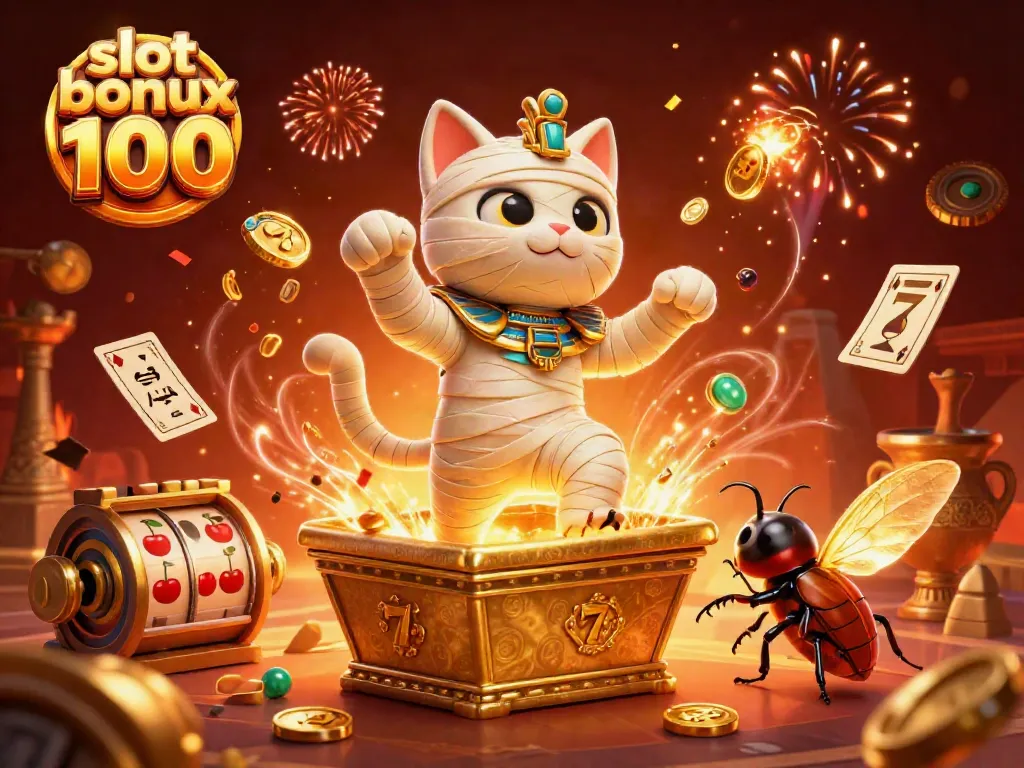 Experience slot bonus 100 with a thrilling mummy cat and scarab beetle in a vibrant casino scene.