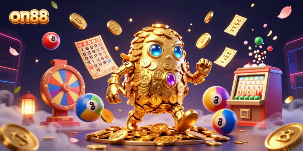 Explore exciting games on88 with colorful lottery balls, a golden golem, and vibrant casino visuals.