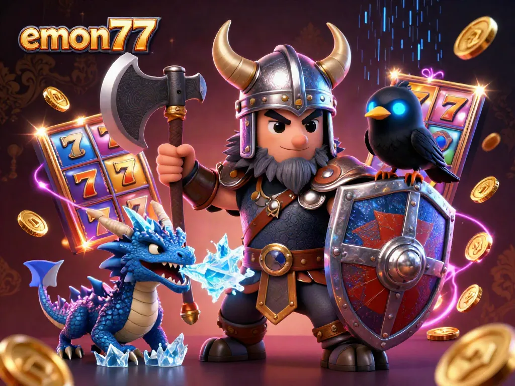 Experience thrilling gameplay with EMON77, featuring dynamic slot reels and a Viking warrior.