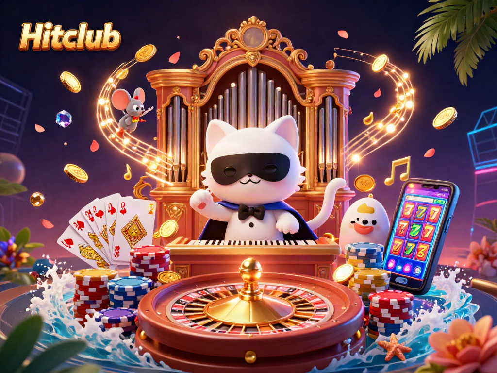 Spin the reels at Hitclub through a vibrant 3D illustration featuring dynamic casino elements and lively characters.