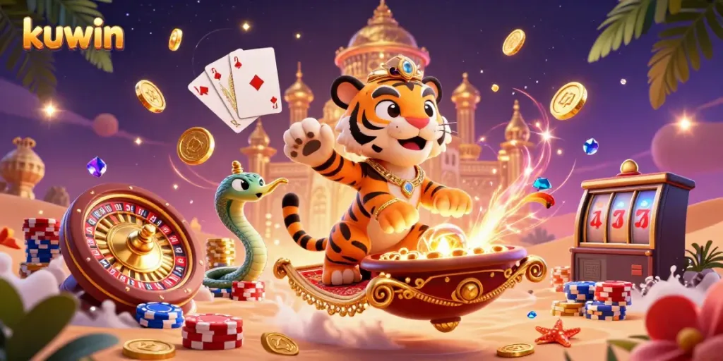 Kuwin's vibrant gaming world, featuring a sultan tiger and a genie in a desert of endless winnings.