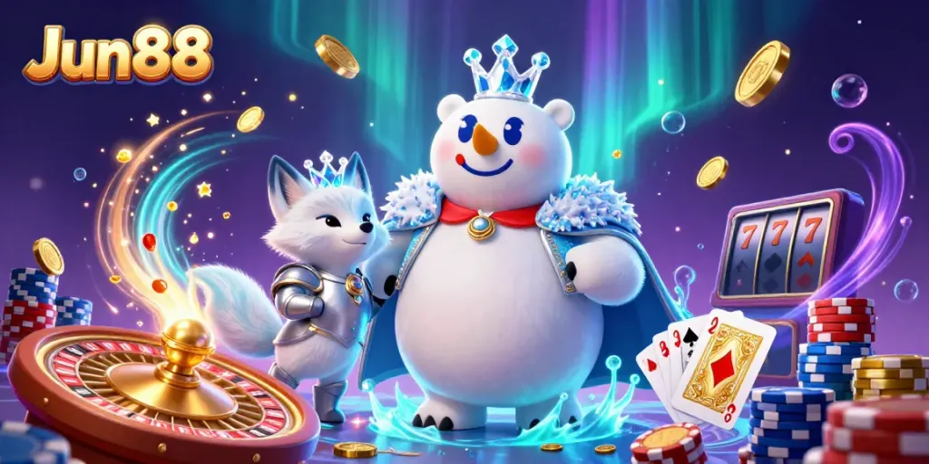 Experience the thrilling world of Jun88 with immersive casino elements and vibrant characters.