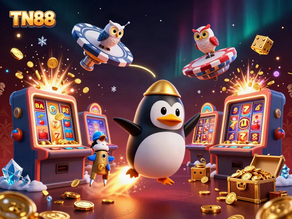 Blast off with the TN88 penguin to win big at the casino with vibrant coins and jackpots.