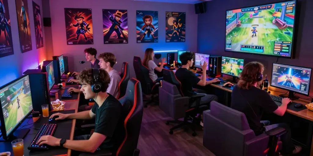 Engaging digital entertainment scene featuring harta88 gaming enthusiasts in a vibrant setting