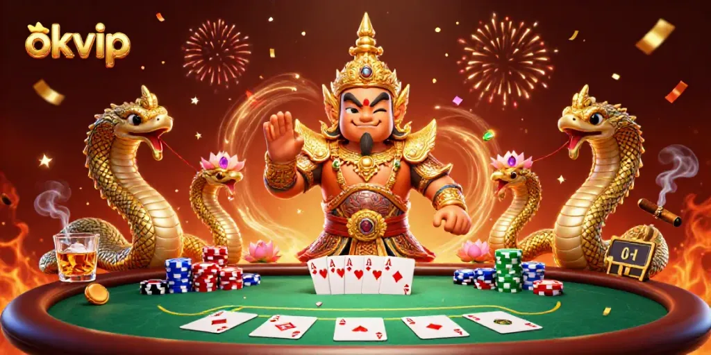 Experience thrilling gameplay with okvip at a vibrant poker scene illustrated with vivid characters.