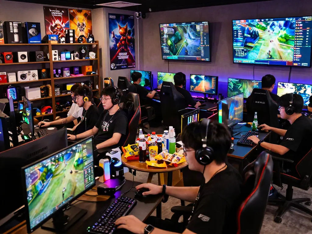 Exciting gaming community at warung168's vibrant digital marketplace, showcasing players engaged with high-tech setups and game stats.