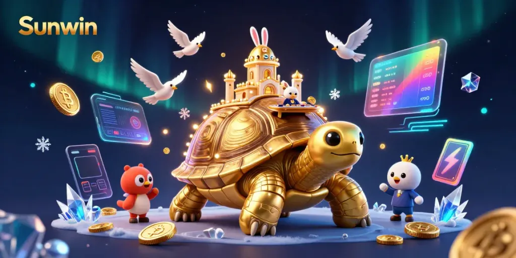 Engage with Sunwin's gaming experience featuring a whimsical tortoise casino, rabbit dealer, and golden coin birds.