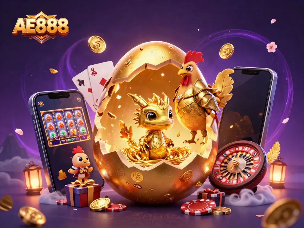 Experience the thrill of AE888 with a golden dragon amidst vibrant casino elements.
