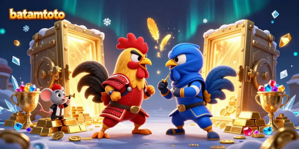 Engage with thrilling batamtoto action as roosters face off amid treasure in a dynamic casino setting.