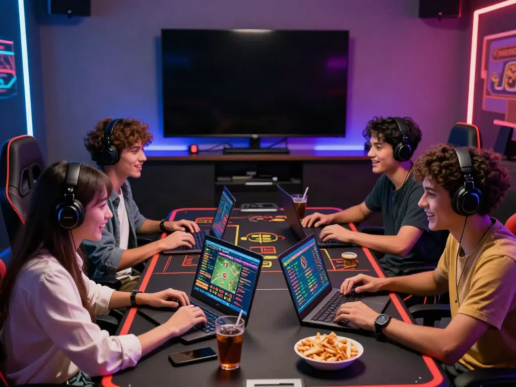 Sapporo88 online gaming experience with friends enjoying virtual betting in a stylish gaming lounge.
