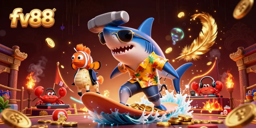 Engage with the vibrant action at FV88 featuring a shark, clownfish, and crab in a dynamic casino scene.