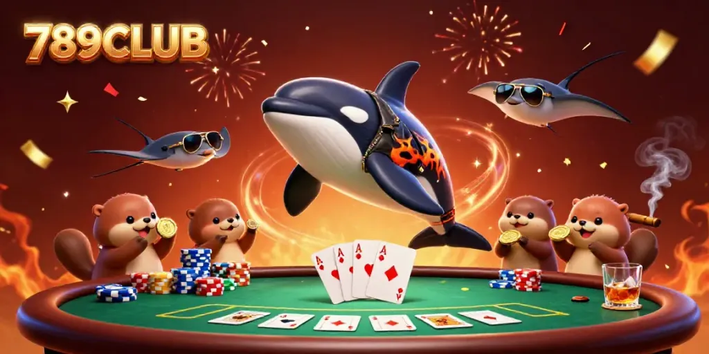 789CLUB's vibrant casino scene featuring a flying orca and playful sea otters celebrating wins.
