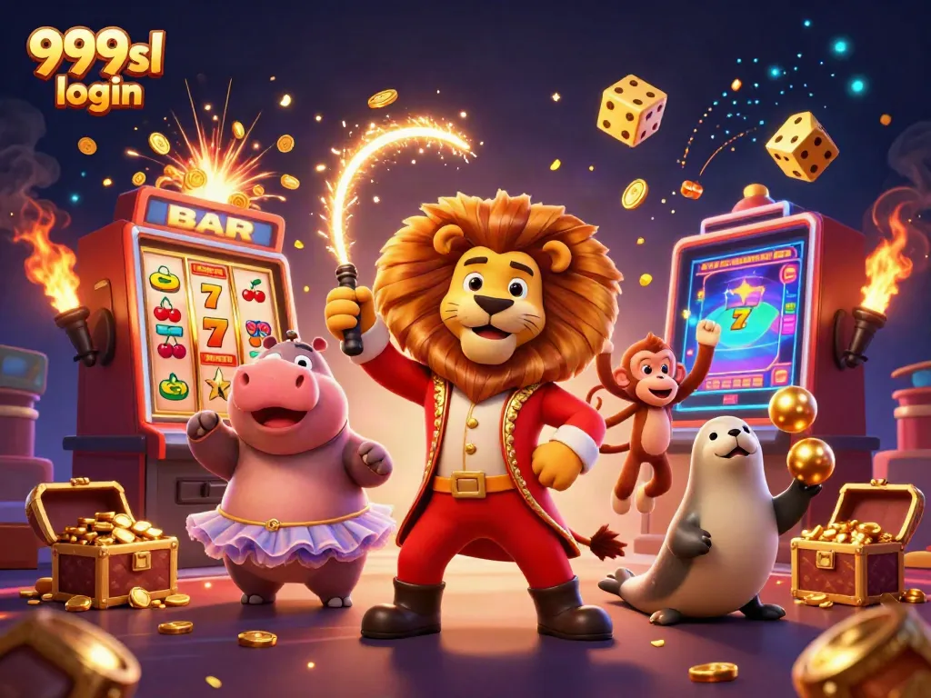 Experience thrilling gameplay with 999sl login surrounded by vibrant symbols, characters, and jackpot excitement.