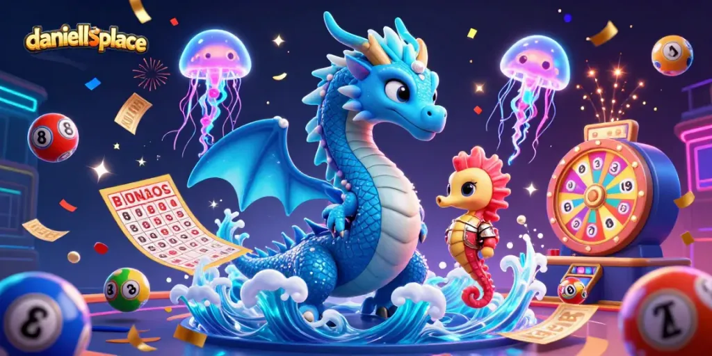 Win big at daniellesplace with a vibrant casino scene featuring a mystical dragon and festive game elements.
