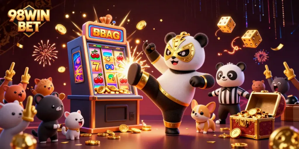 Experience the excitement of 98WIN BET with a vibrant casino scene featuring dynamic characters and games.