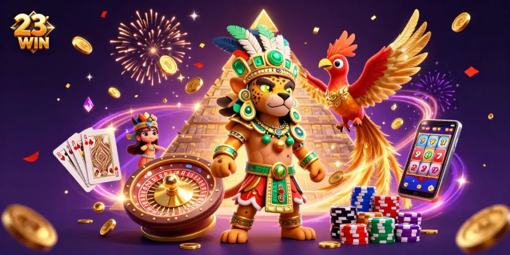 Experience the excitement at 23WIN with a dynamic Mayan-themed casino scene full of rich gaming elements.