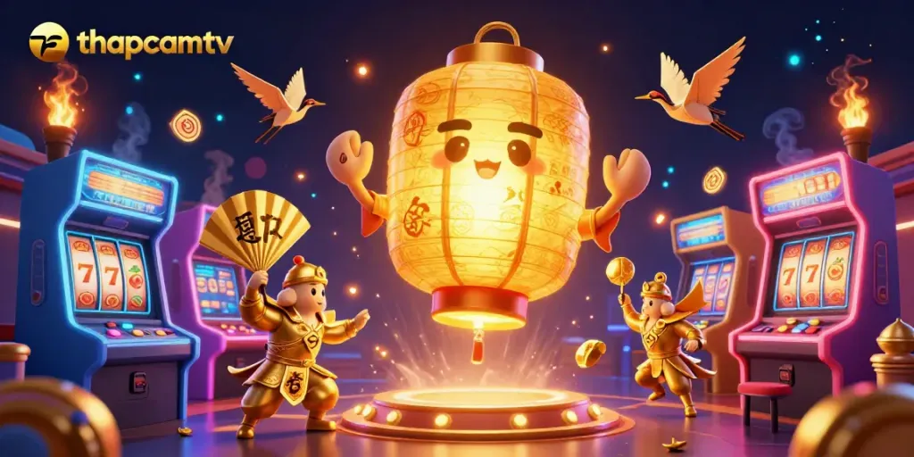 Enhance your gaming experience with thapcamtv's vibrant casino scene featuring a golden lantern spirit and arcade elements.