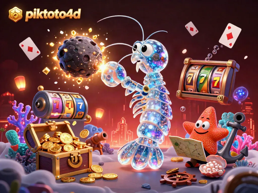Engage in thrilling gameplay with piktoto4d as a mantis shrimp battles through treasure and slots.