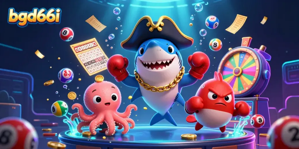 Engaging scene depicting bgd66i with a cartoon pirate shark, pufferfish, and octopus amidst lottery elements.