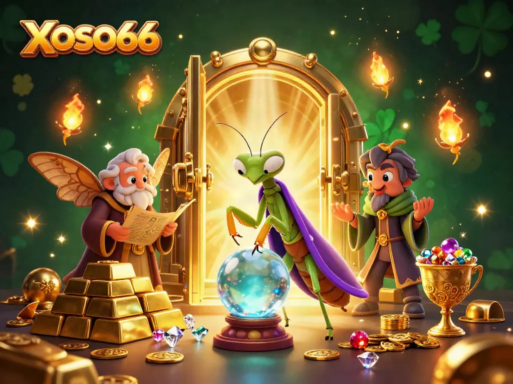 XOSO66 reveals winning strategies in a mystical gambling scene with fortune characters and treasures.