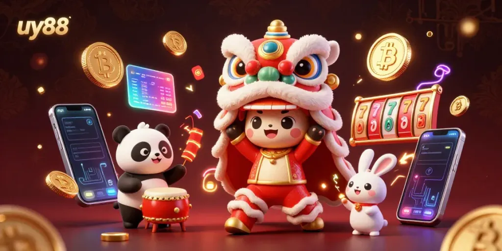 Experience the vibrant world of uy88 with a 3D casino illustration showcasing a lion dance and crypto elements in action.