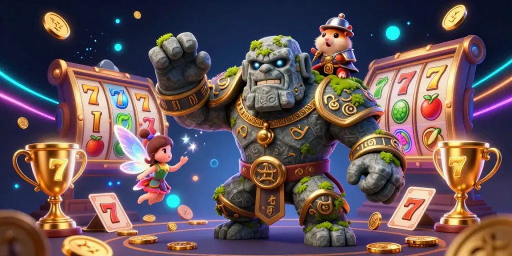 Engage with lc88's vibrant casino adventure featuring a golem guardian and thrilling gaming elements.