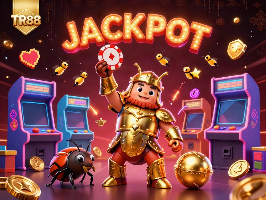 Experience excitement with TR88 as a hercules beetle lifts a poker chip in victory, surrounded by vibrant gaming elements.