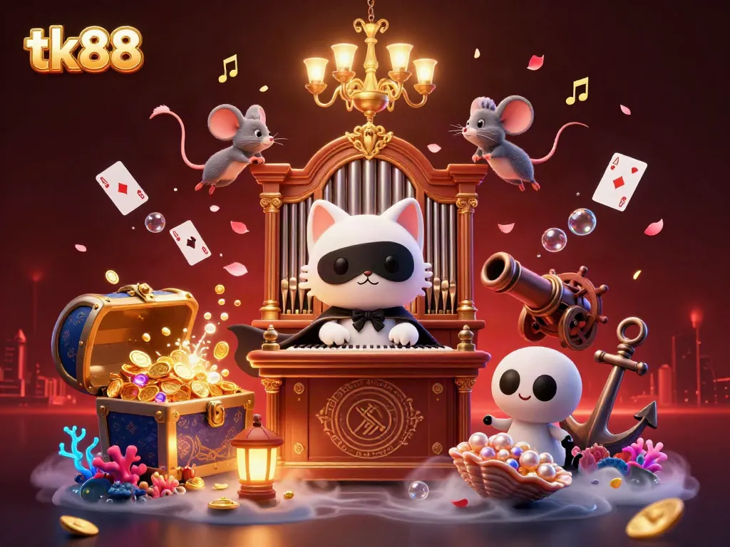 Win big at tk88 with an enchanting casino scene featuring a masked cat and floating treasures.