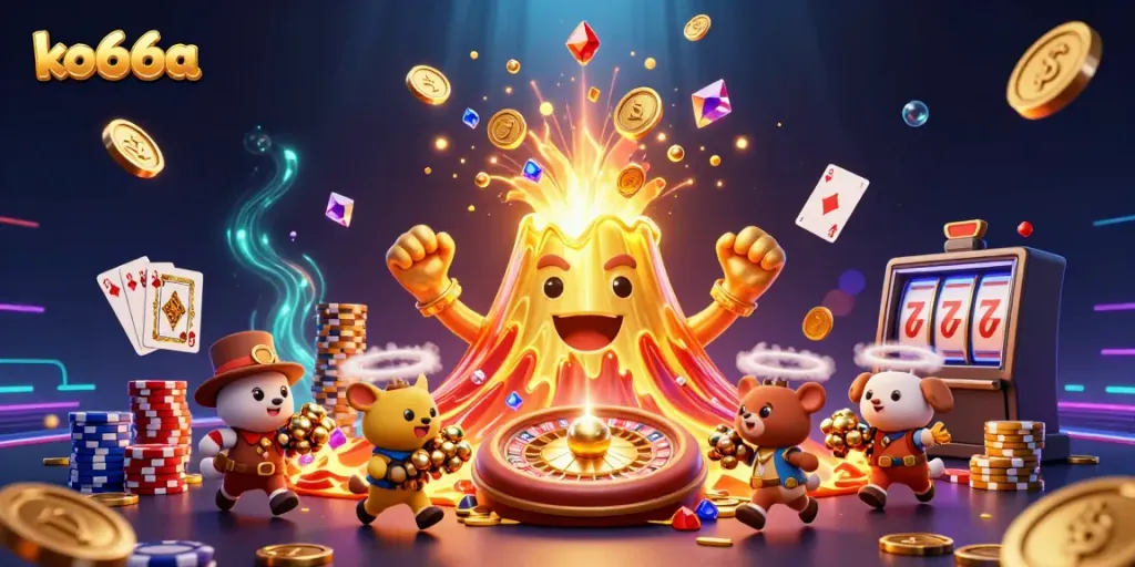 Experience thrilling wins at ko66a with a grand golden volcano and sparkling jewels erupting in a lively casino scene.