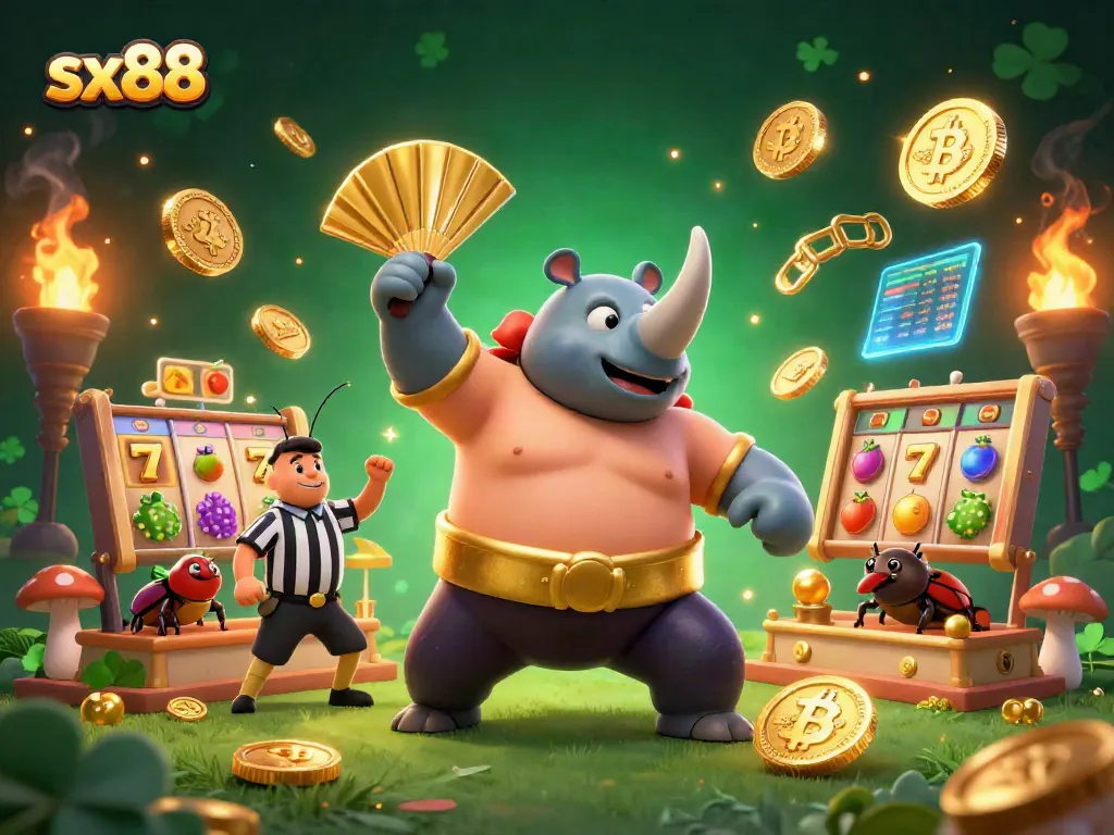 Experience thrilling sx88 slot action with a cartoon sumo beetle stomping coins amidst vibrant gaming elements.