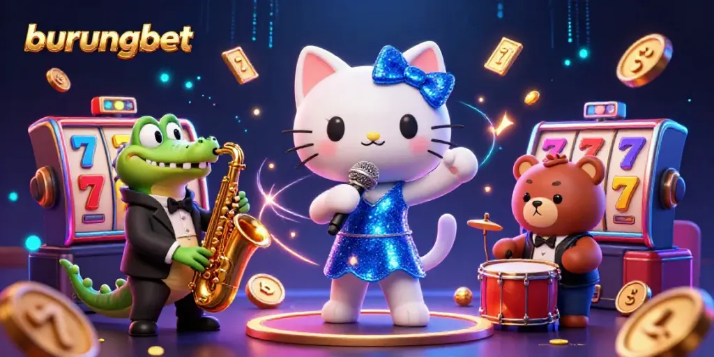 Engage with burungbet's vibrant casino scene featuring a jazzy cat, crocodile, and bear amid slot machines.