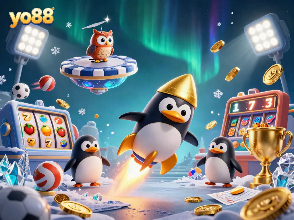 Yo88's golden penguin flies to a casino station amid slot reels, showcasing vibrant gaming energy.