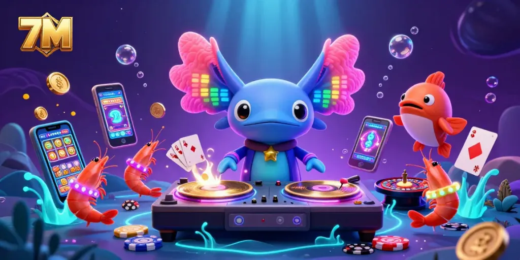 Experience the thrill of gambling with 7M in this vibrant 3D casino illustration featuring an axolotl DJ and energetic sea creatures.