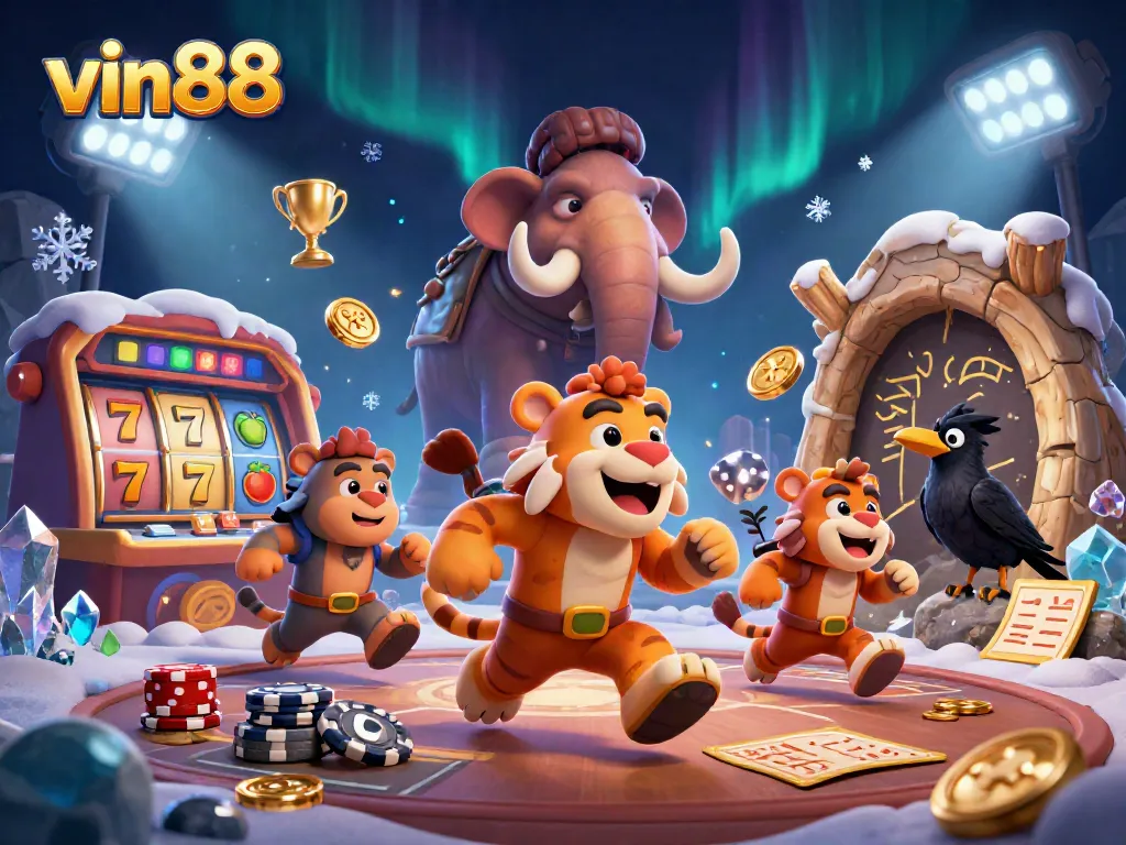 Experience the excitement of vin88 with a vibrant prehistoric casino scene packed with action and gambling elements.