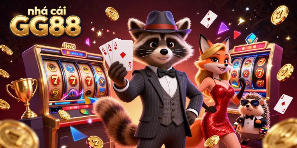 Engage in thrilling action at nhà cái GG88 with raccoon, fox, and hedgehog characters amidst vibrant casino elements.